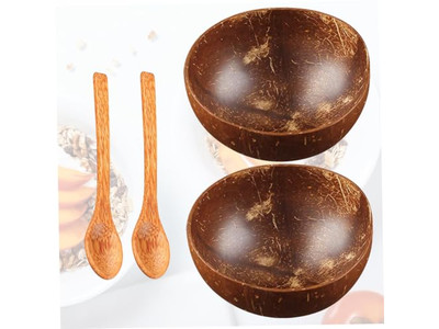 Coconut Bowl Palm Design With Shells Bowls Set Wood Woven Salad Hand Carved